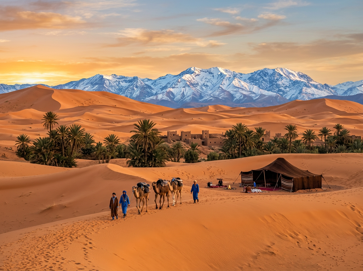 Moroccan desert landscape and Atlas Mountains with warm golden lighting, showing ideal spring or autumn conditions for visitors